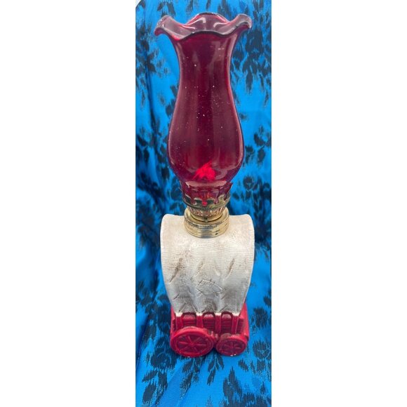Miniature Covered Wagon Kerosene Lamp Red Glass Chimney Rustic Collectible - Picture 4 of 7